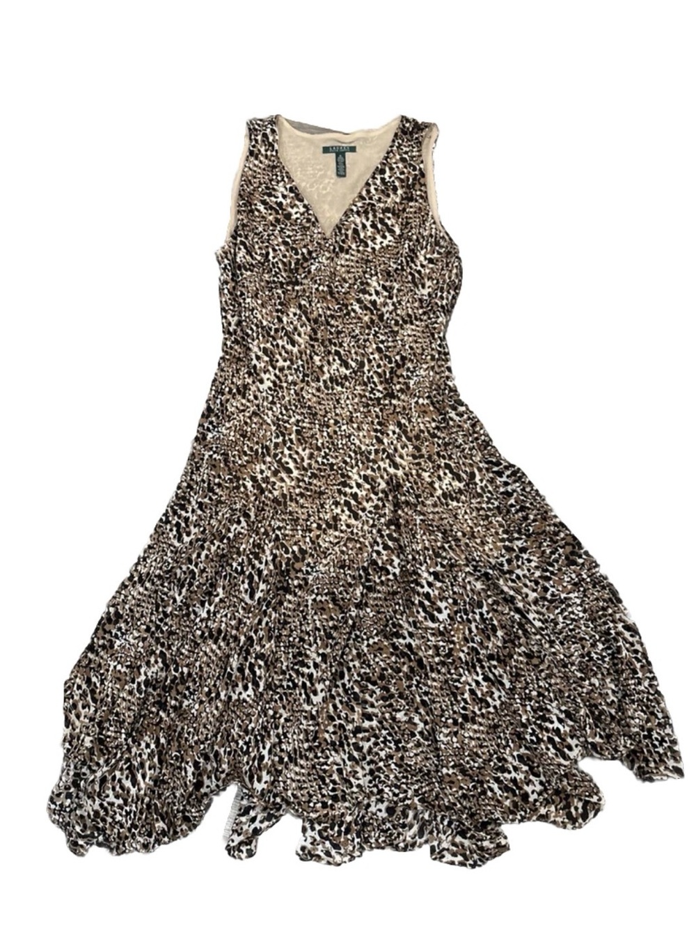 Lauren Ralph Lauren Dress Sleeveless Animal Print Flowy Uneven Hemline Size 16